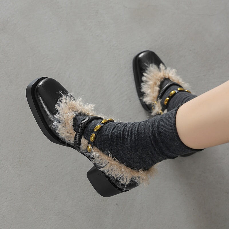 Designer Square Toe Shaggy Leather Mary Jane Shoes with Double Buckle in Black/Brown