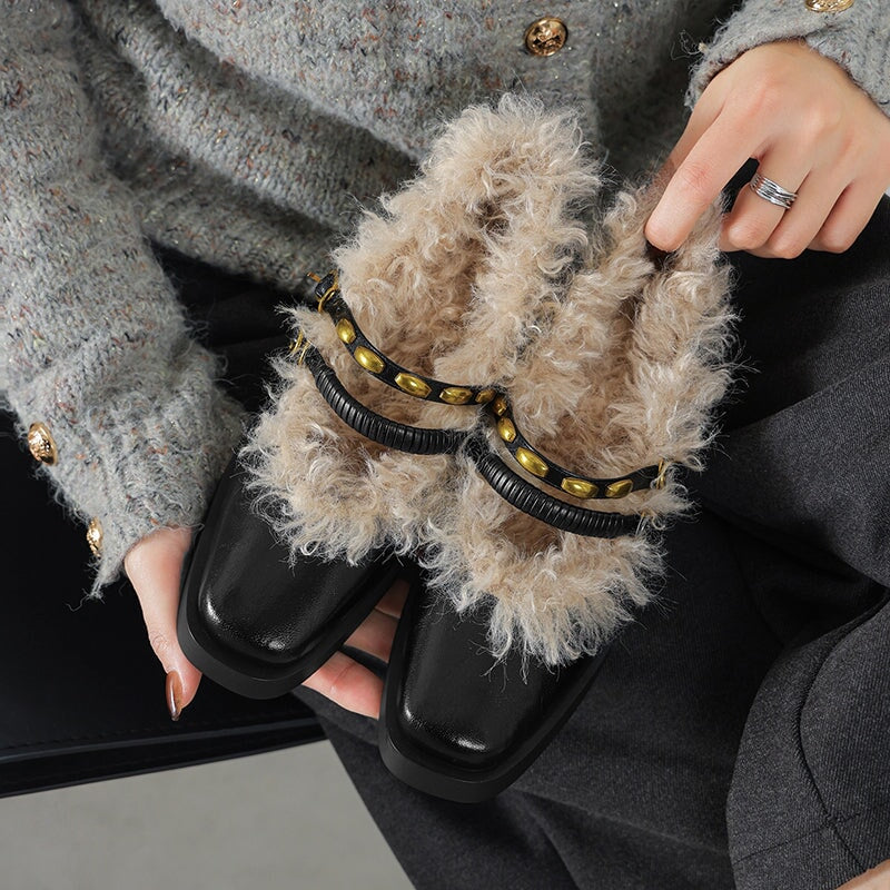 Designer Square Toe Shaggy Leather Mary Jane Shoes with Double Buckle in Black/Brown