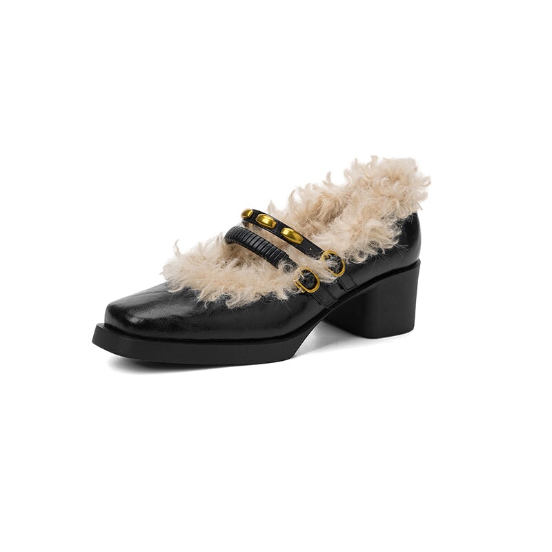 Designer Square Toe Shaggy Leather Mary Jane Shoes with Double Buckle in Black/Brown