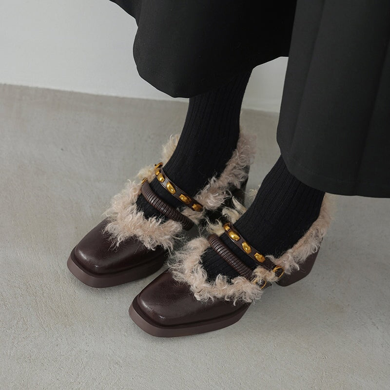 Designer Square Toe Shaggy Leather Mary Jane Shoes with Double Buckle in Black/Brown