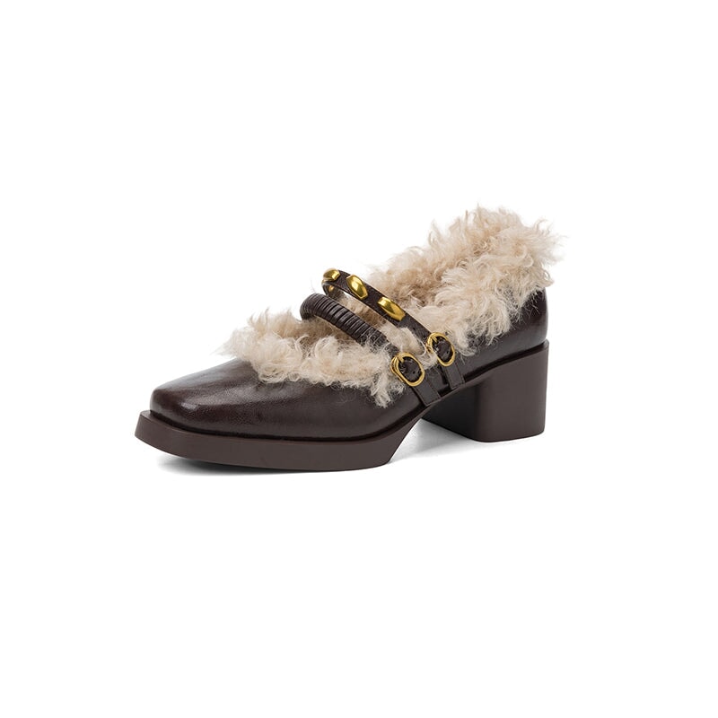 Designer Square Toe Shaggy Leather Mary Jane Shoes with Double Buckle in Black/Brown