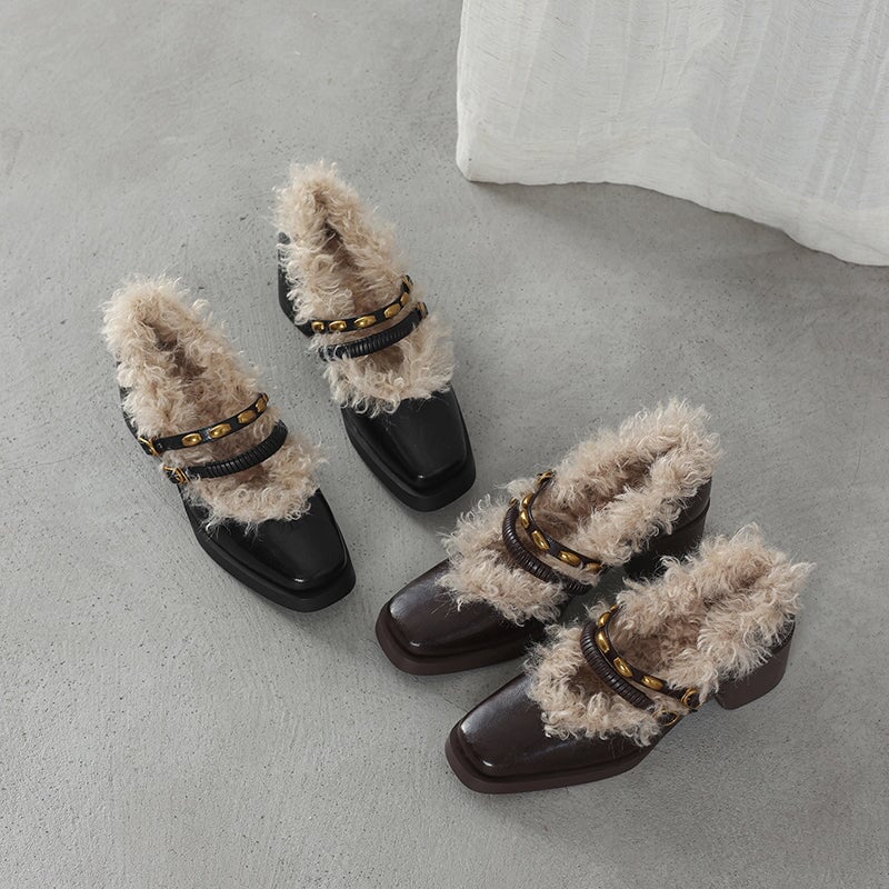 Designer Square Toe Shaggy Leather Mary Jane Shoes with Double Buckle in Black/Brown