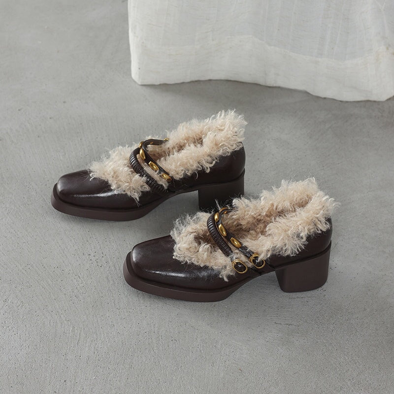 Designer Square Toe Shaggy Leather Mary Jane Shoes with Double Buckle in Black/Brown