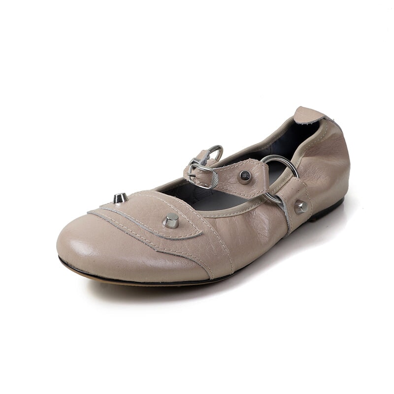 Designer Studded Mary Jane Ballet Flats Punk Y2K Full Grain Leather Buckle Shoes in Red/Grey/Black