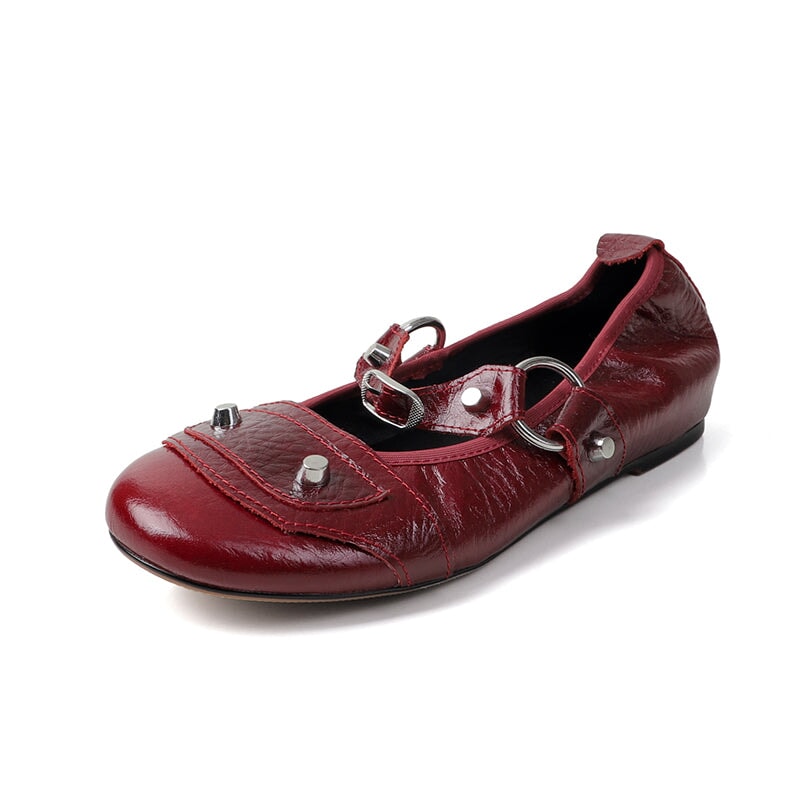 Designer Studded Mary Jane Ballet Flats Punk Y2K Full Grain Leather Buckle Shoes in Red/Grey/Black