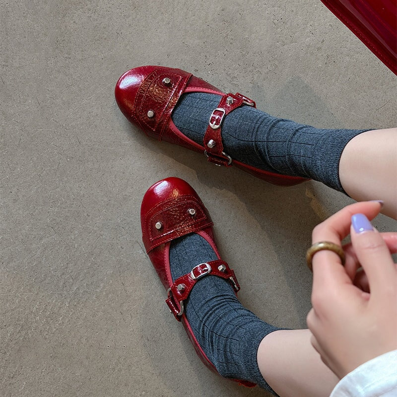 Designer Studded Mary Jane Ballet Flats Punk Y2K Full Grain Leather Buckle Shoes in Red/Grey/Black