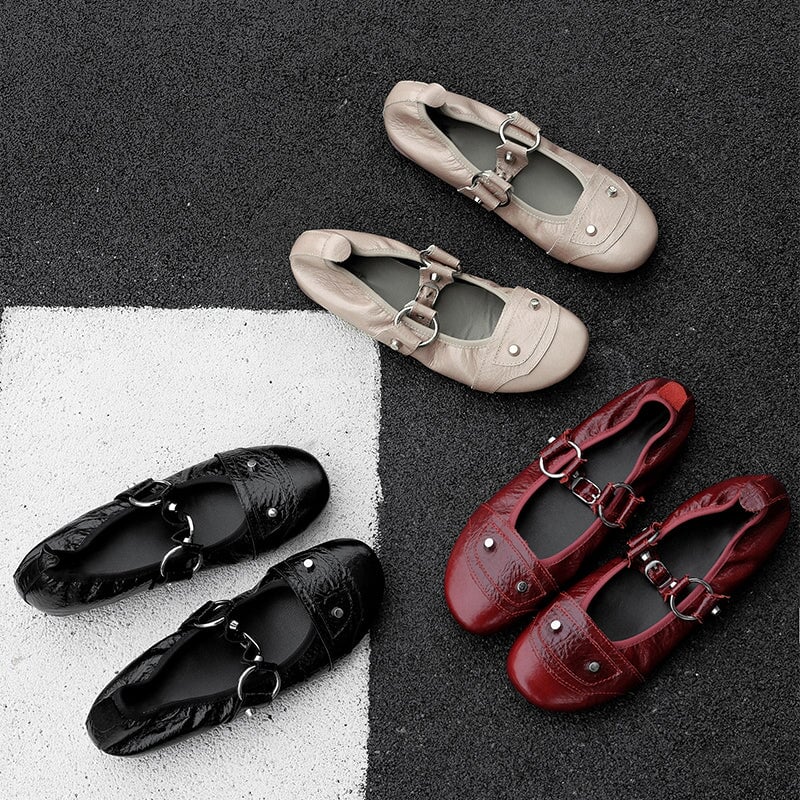 Designer Studded Mary Jane Ballet Flats Punk Y2K Full Grain Leather Buckle Shoes in Red/Grey/Black