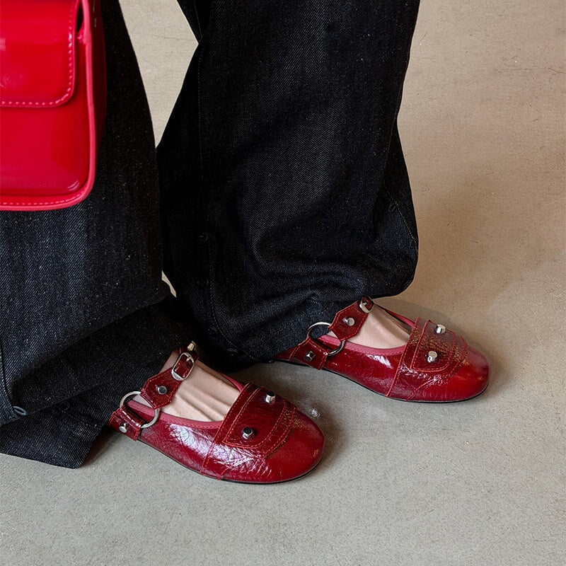 Designer Studded Mary Jane Ballet Flats Punk Y2K Full Grain Leather Buckle Shoes in Red/Grey/Black