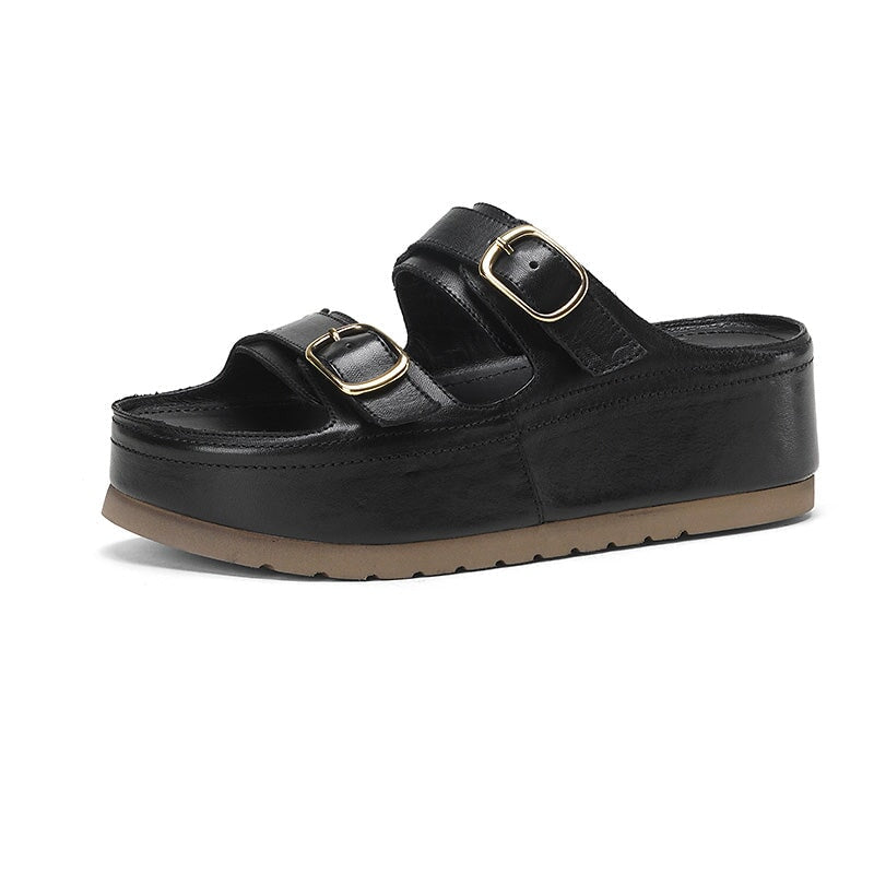 Double Buckle Strap Chunky Platform Slide Sandals in Black/Apricot/Reddish Brown
