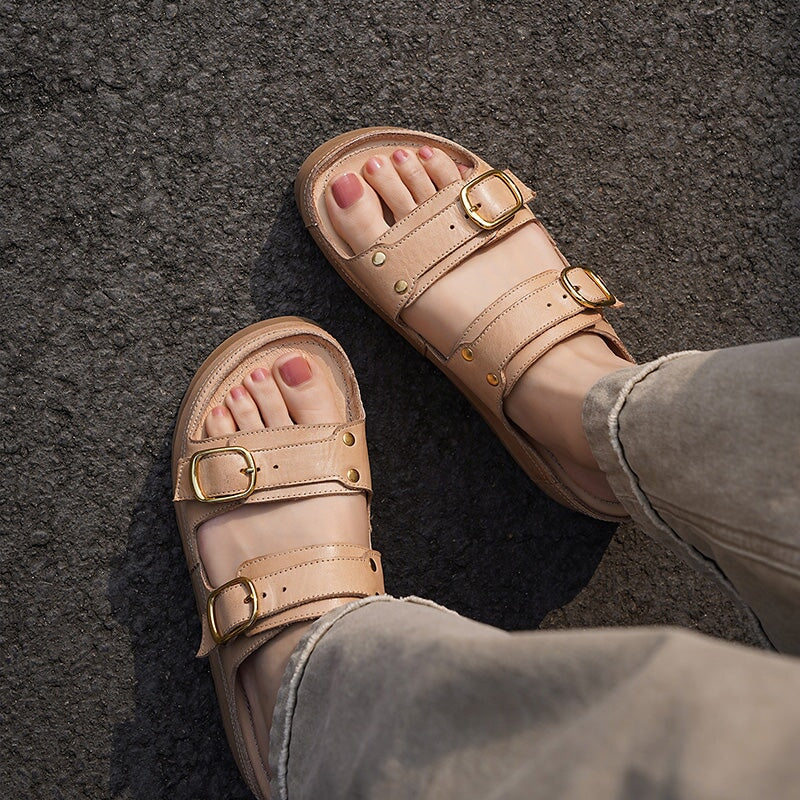Double Buckle Strap Chunky Platform Slide Sandals in Black/Apricot/Reddish Brown