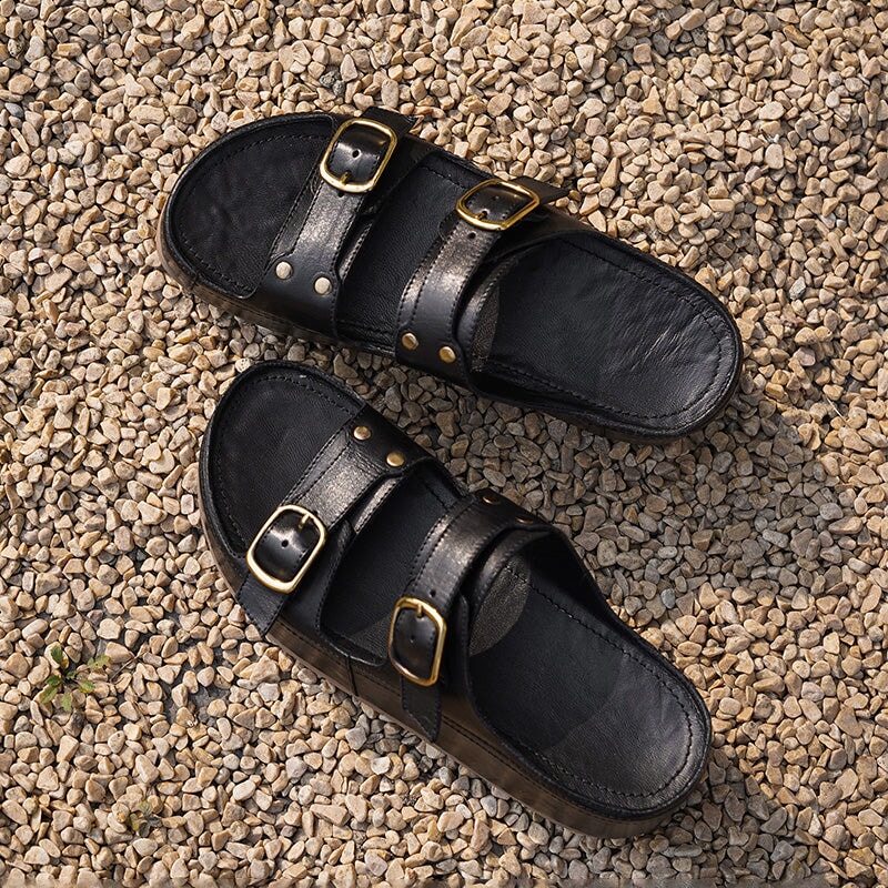 Double Buckle Strap Chunky Platform Slide Sandals in Black/Apricot/Reddish Brown