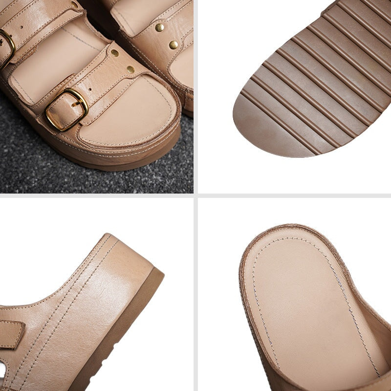 Double Buckle Strap Chunky Platform Slide Sandals in Black/Apricot/Reddish Brown