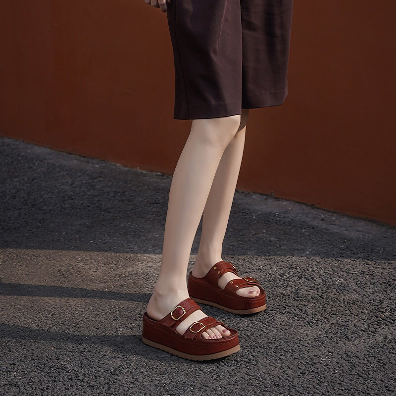 Double Buckle Strap Chunky Platform Slide Sandals in Black/Apricot/Reddish Brown