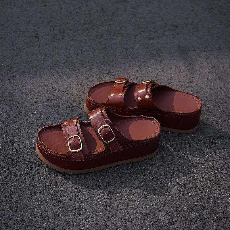 Double Buckle Strap Chunky Platform Slide Sandals in Black/Apricot/Reddish Brown