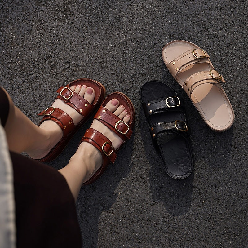Double Buckle Strap Chunky Platform Slide Sandals in Black/Apricot/Reddish Brown