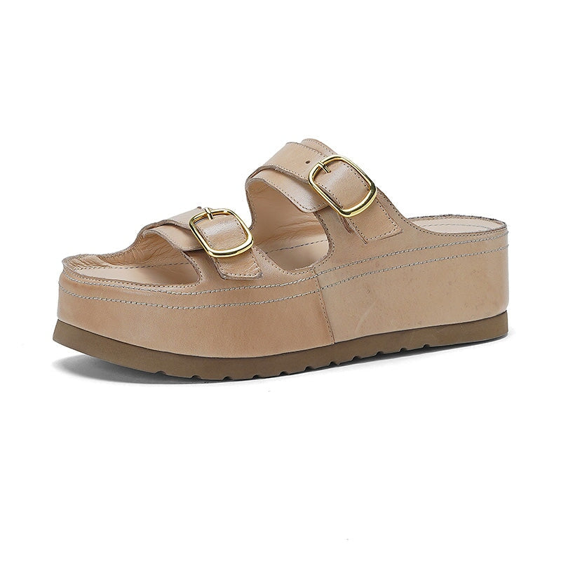 Double Buckle Strap Chunky Platform Slide Sandals in Black/Apricot/Reddish Brown