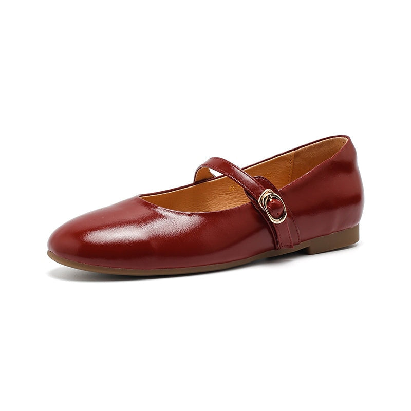Dwarves Classic Handmade Cowhide Mary Jane Flats in Beige/Black/Red