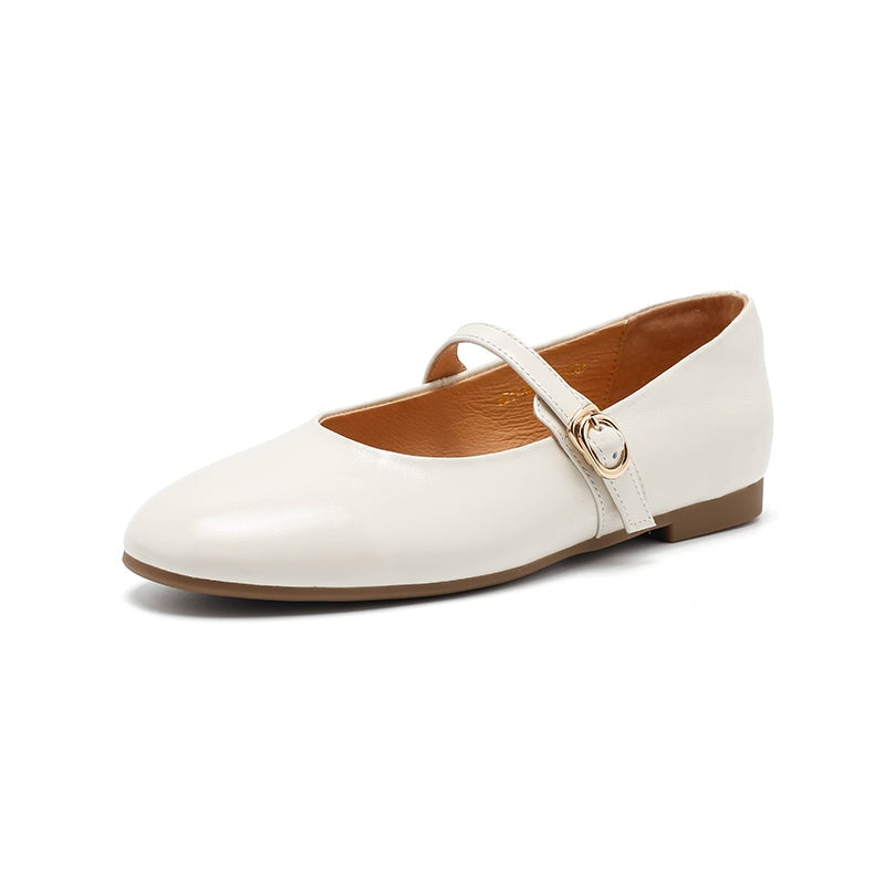 Dwarves Classic Handmade Cowhide Mary Jane Flats in Beige/Black/Red