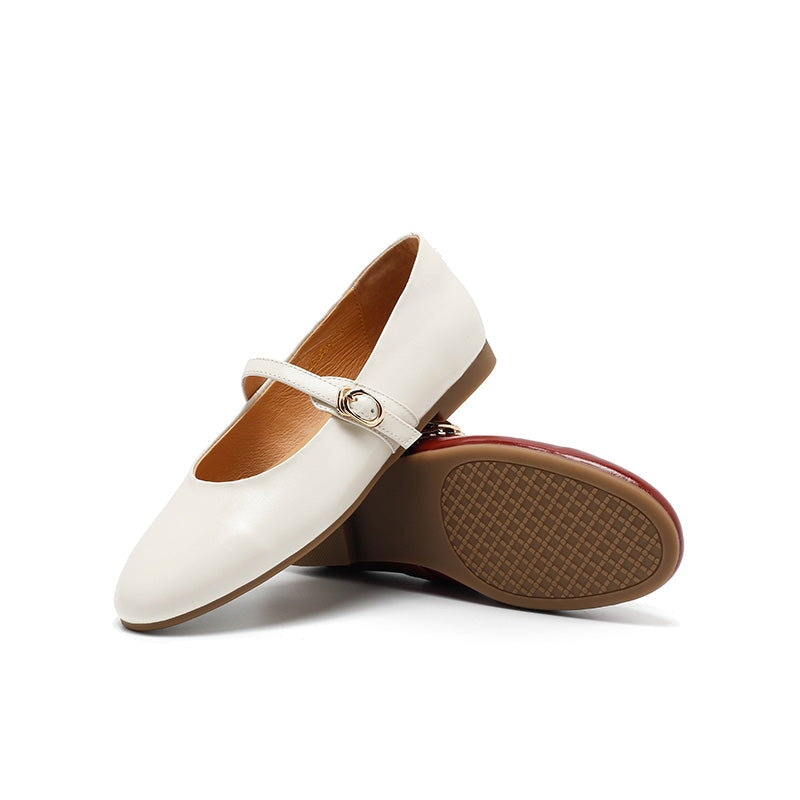 Dwarves Classic Handmade Cowhide Mary Jane Flats in Beige/Black/Red