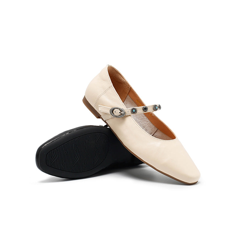 Dwarves Elegant Handmade Sheepskin Mary Jane Flats for Women in Coffee/Beige/Black