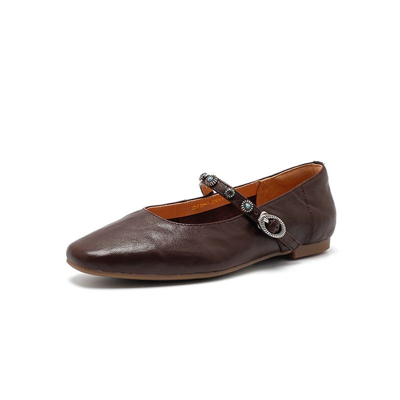 Dwarves Elegant Handmade Sheepskin Mary Jane Flats for Women in Coffee/Beige/Black