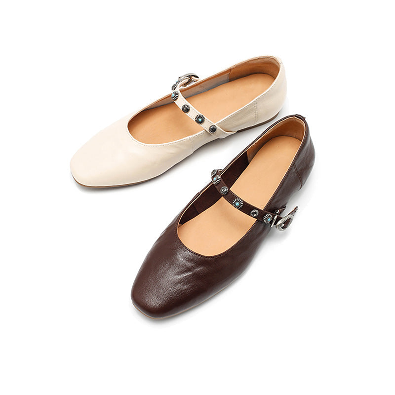 Dwarves Elegant Handmade Sheepskin Mary Jane Flats for Women in Coffee/Beige/Black