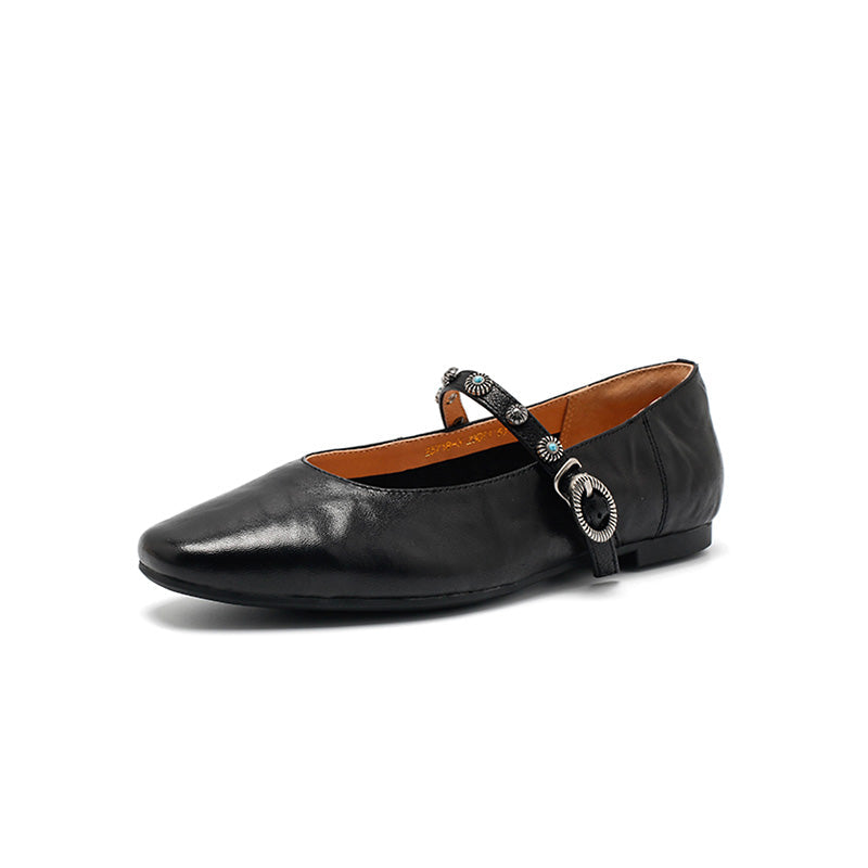 Dwarves Elegant Handmade Sheepskin Mary Jane Flats for Women in Coffee/Beige/Black