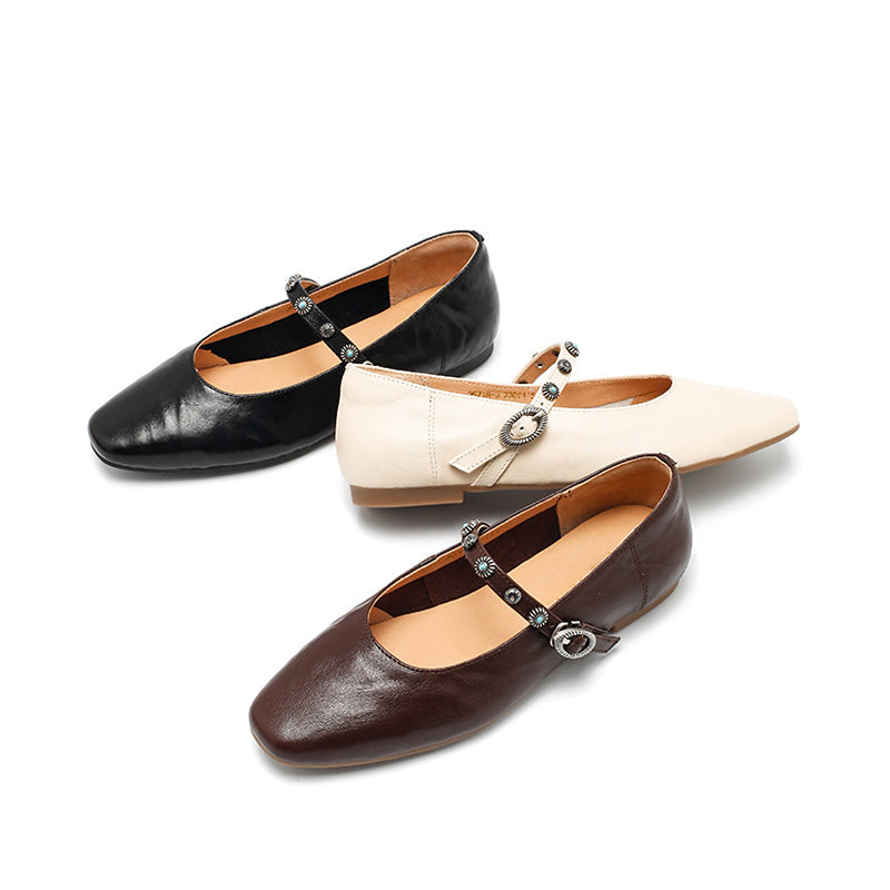 Dwarves Elegant Handmade Sheepskin Mary Jane Flats for Women in Coffee/Beige/Black