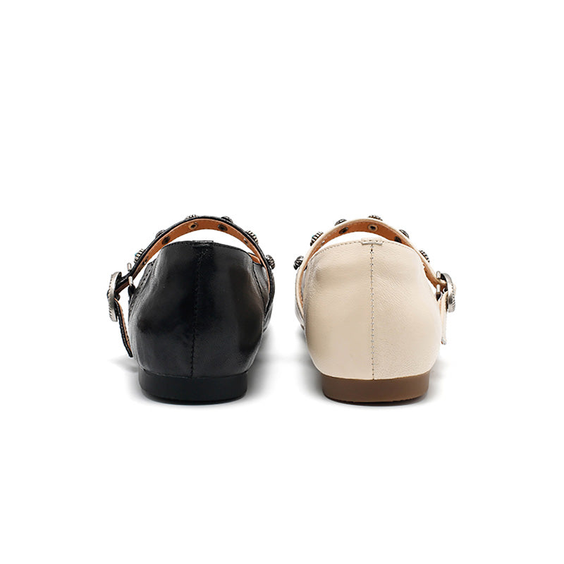 Dwarves Elegant Handmade Sheepskin Mary Jane Flats for Women in Coffee/Beige/Black