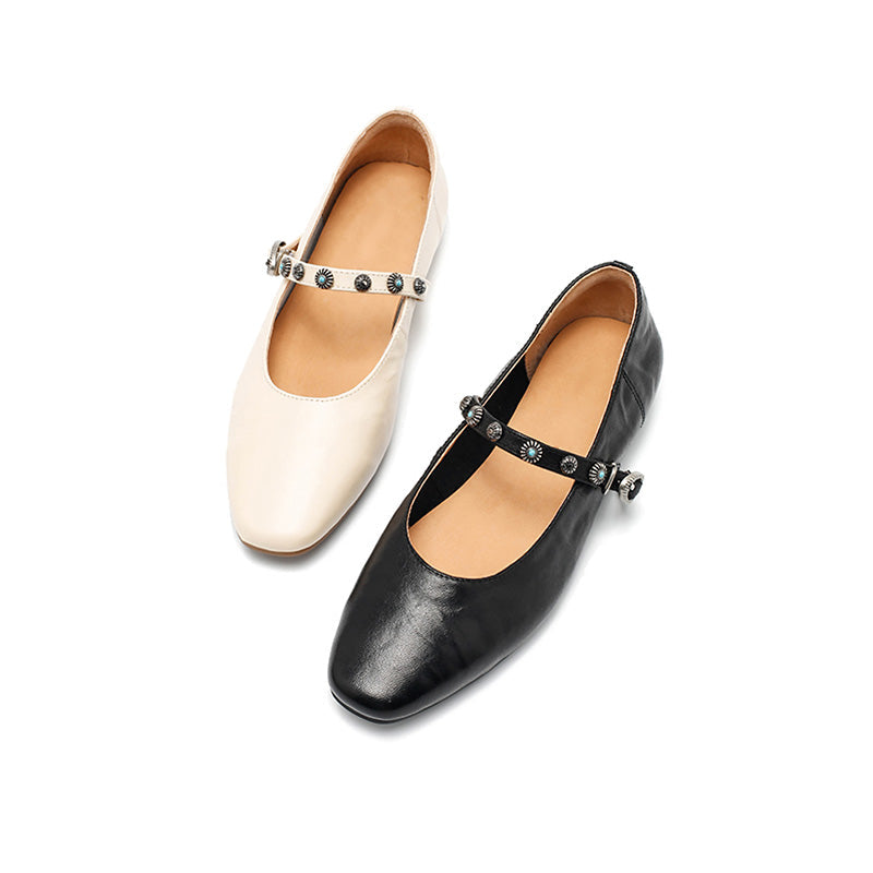 Dwarves Elegant Handmade Sheepskin Mary Jane Flats for Women in Coffee/Beige/Black