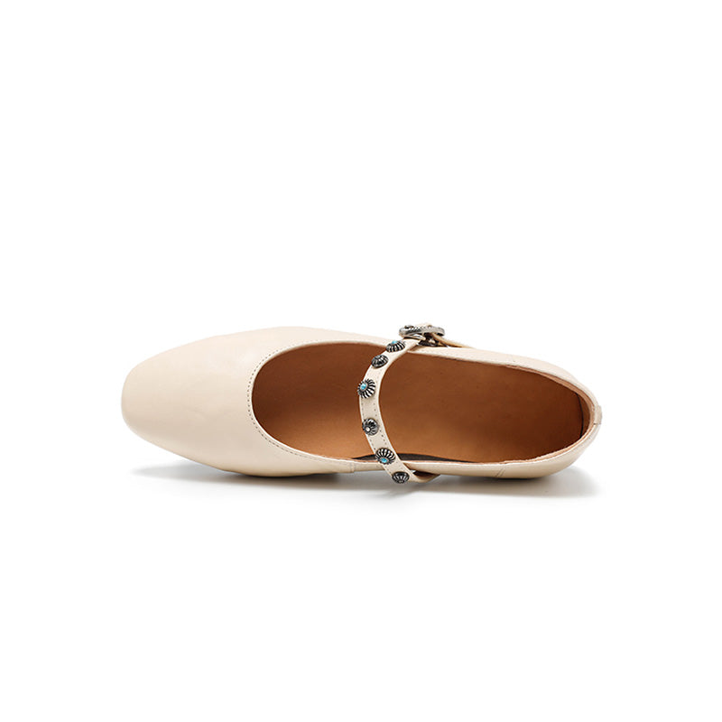 Dwarves Elegant Handmade Sheepskin Mary Jane Flats for Women in Coffee/Beige/Black