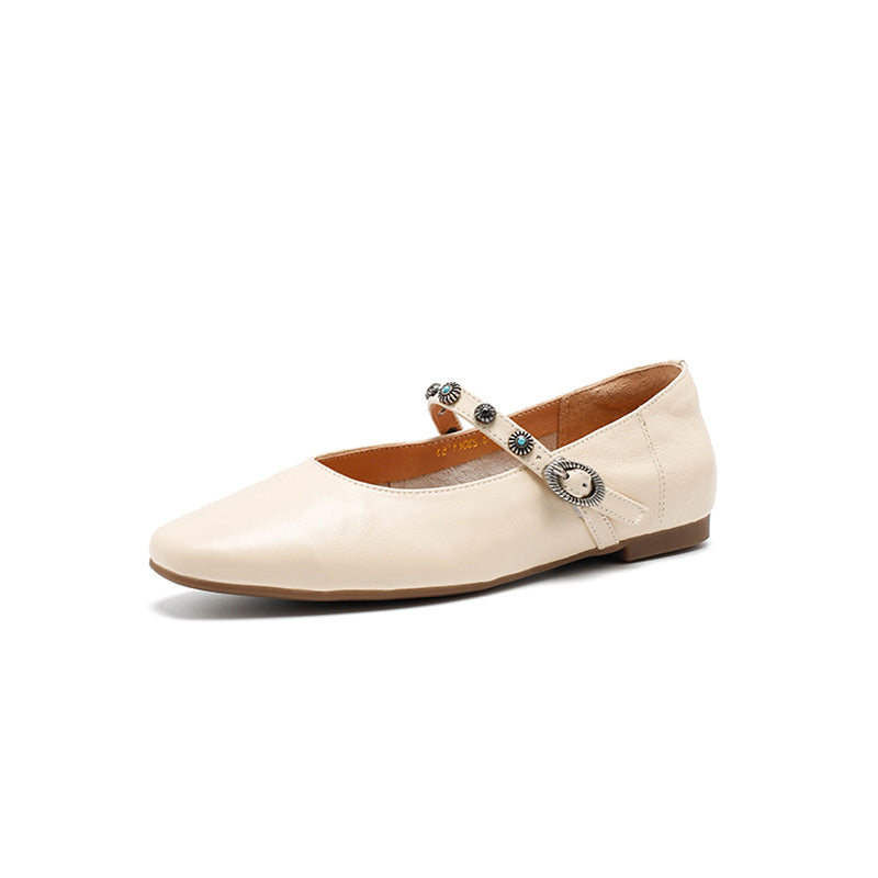 Dwarves Elegant Handmade Sheepskin Mary Jane Flats for Women in Coffee/Beige/Black