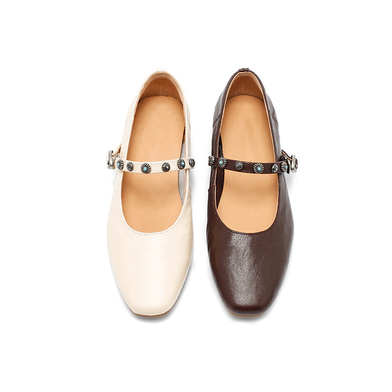 Dwarves Elegant Handmade Sheepskin Mary Jane Flats for Women in Coffee/Beige/Black