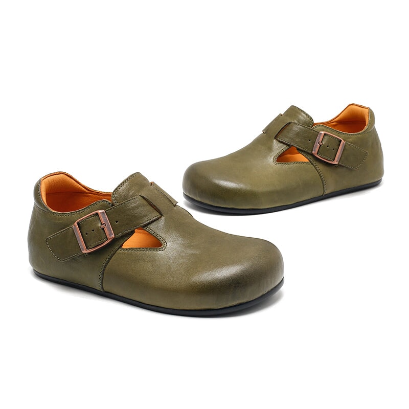 Dwarves Handmade Cow Leather T-straps Mary Jane Flats for Women in Yellow Brown/Black/Khaki/Dark Coffee/Green