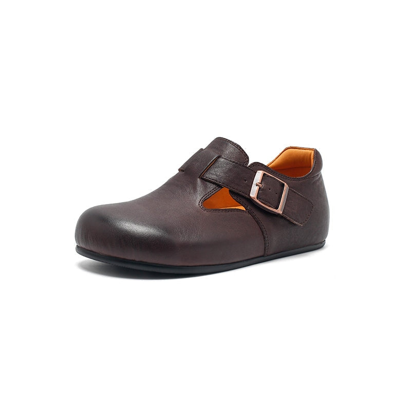 Dwarves Handmade Cow Leather T-straps Mary Jane Flats for Women in Yellow Brown/Black/Khaki/Dark Coffee/Green