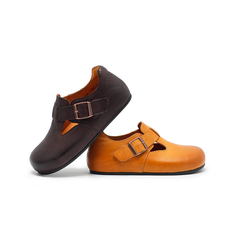 Dwarves Handmade Cow Leather T-straps Mary Jane Flats for Women in Yellow Brown/Black/Khaki/Dark Coffee/Green