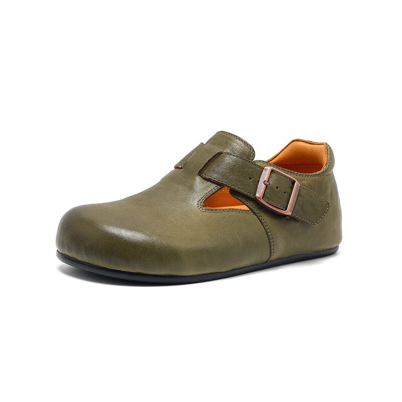 Dwarves Handmade Cow Leather T-straps Mary Jane Flats for Women in Yellow Brown/Black/Khaki/Dark Coffee/Green