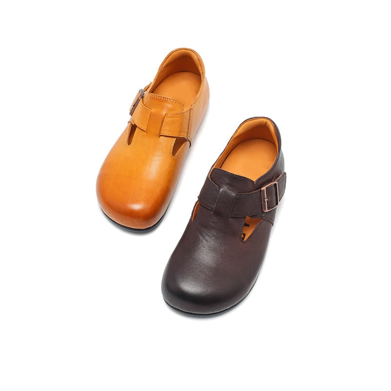 Dwarves Handmade Cow Leather T-straps Mary Jane Flats for Women in Yellow Brown/Black/Khaki/Dark Coffee/Green