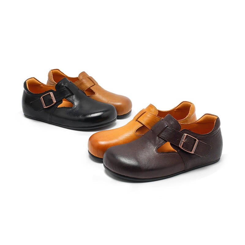 Dwarves Handmade Cow Leather T-straps Mary Jane Flats for Women in Yellow Brown/Black/Khaki/Dark Coffee/Green