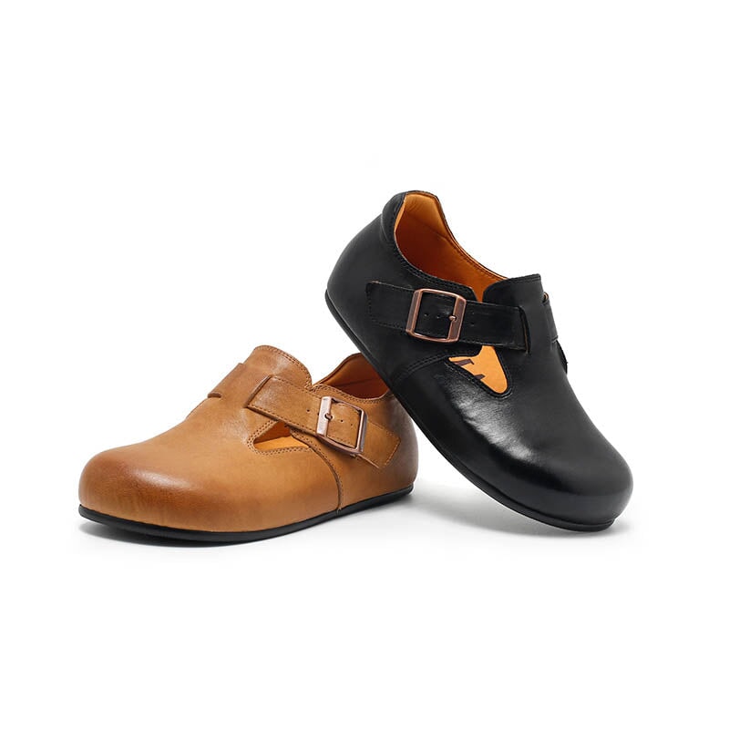Dwarves Handmade Cow Leather T-straps Mary Jane Flats for Women in Yellow Brown/Black/Khaki/Dark Coffee/Green