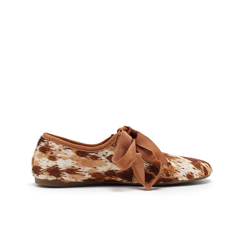 Dwarves Handmade Leather Cow Print Ribbon Tie Ballet Flats in Coffee/Brown