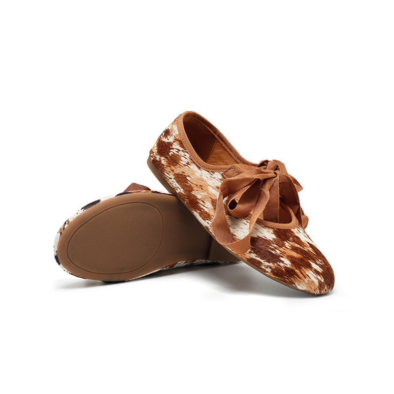 Dwarves Handmade Leather Cow Print Ribbon Tie Ballet Flats in Coffee/Brown