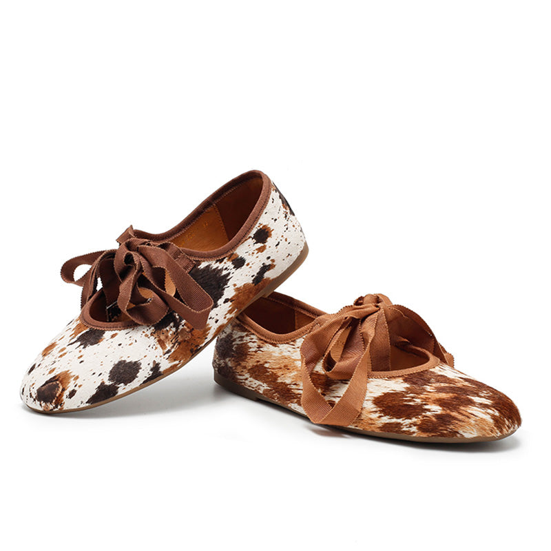 Dwarves Handmade Leather Cow Print Ribbon Tie Ballet Flats in Coffee/Brown