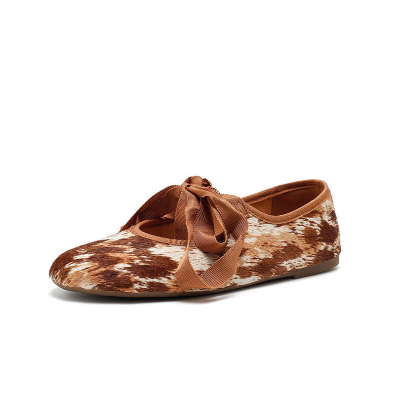 Dwarves Handmade Leather Cow Print Ribbon Tie Ballet Flats in Coffee/Brown