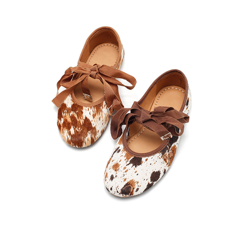 Dwarves Handmade Leather Cow Print Ribbon Tie Ballet Flats in Coffee/Brown