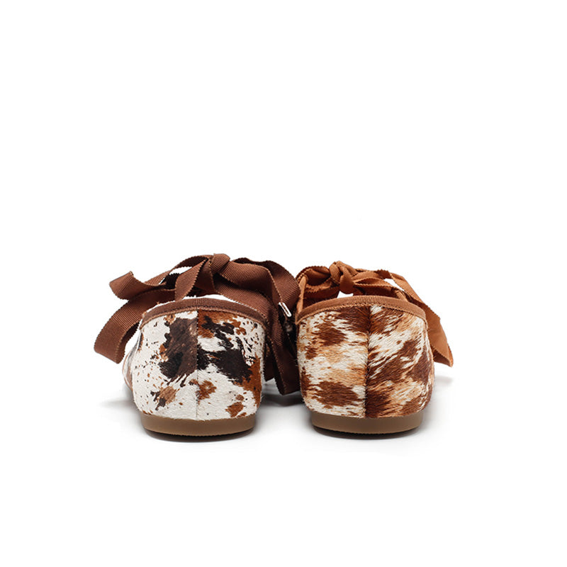 Dwarves Handmade Leather Cow Print Ribbon Tie Ballet Flats in Coffee/Brown