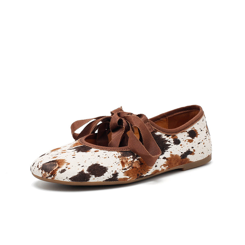 Dwarves Handmade Leather Cow Print Ribbon Tie Ballet Flats in Coffee/Brown