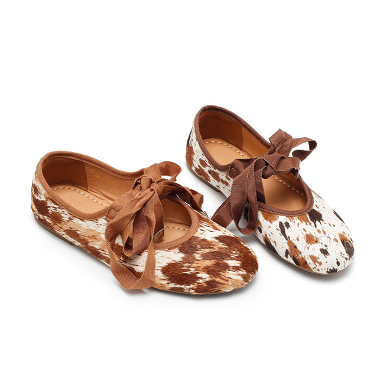 Dwarves Handmade Leather Cow Print Ribbon Tie Ballet Flats in Coffee/Brown