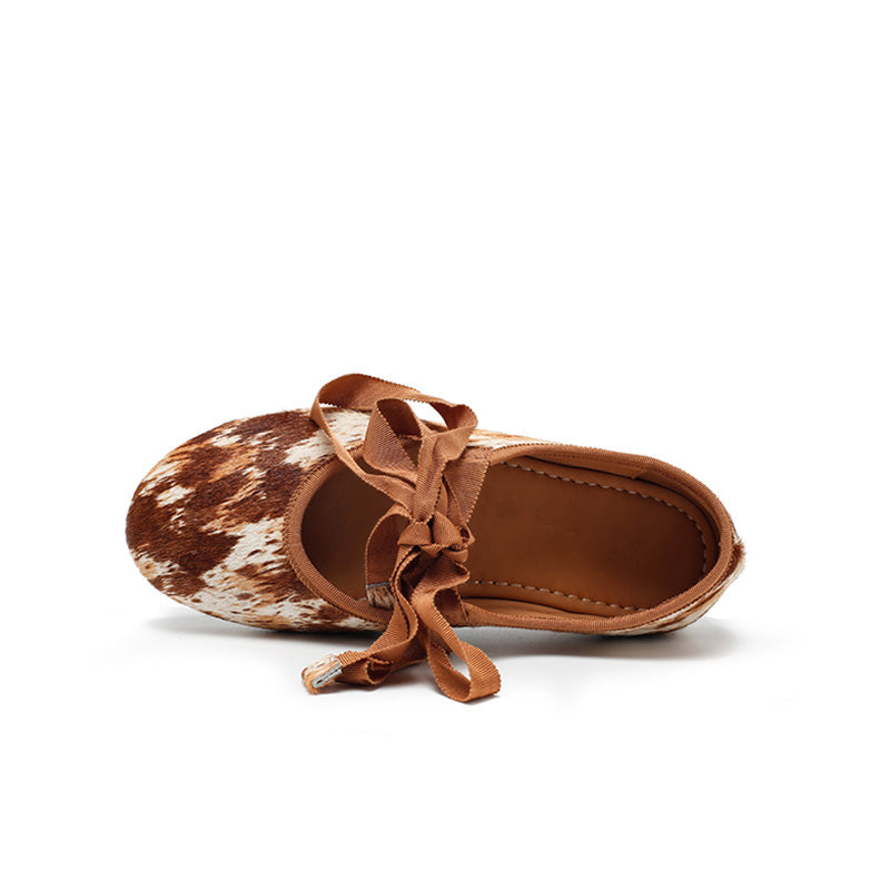 Dwarves Handmade Leather Cow Print Ribbon Tie Ballet Flats in Coffee/Brown