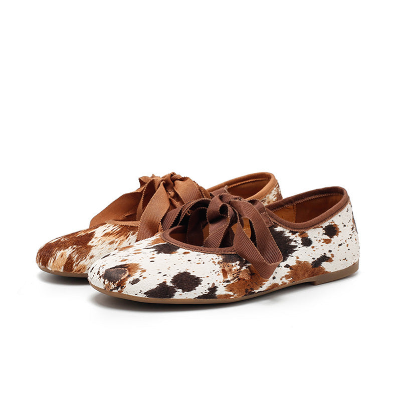 Dwarves Handmade Leather Cow Print Ribbon Tie Ballet Flats in Coffee/Brown